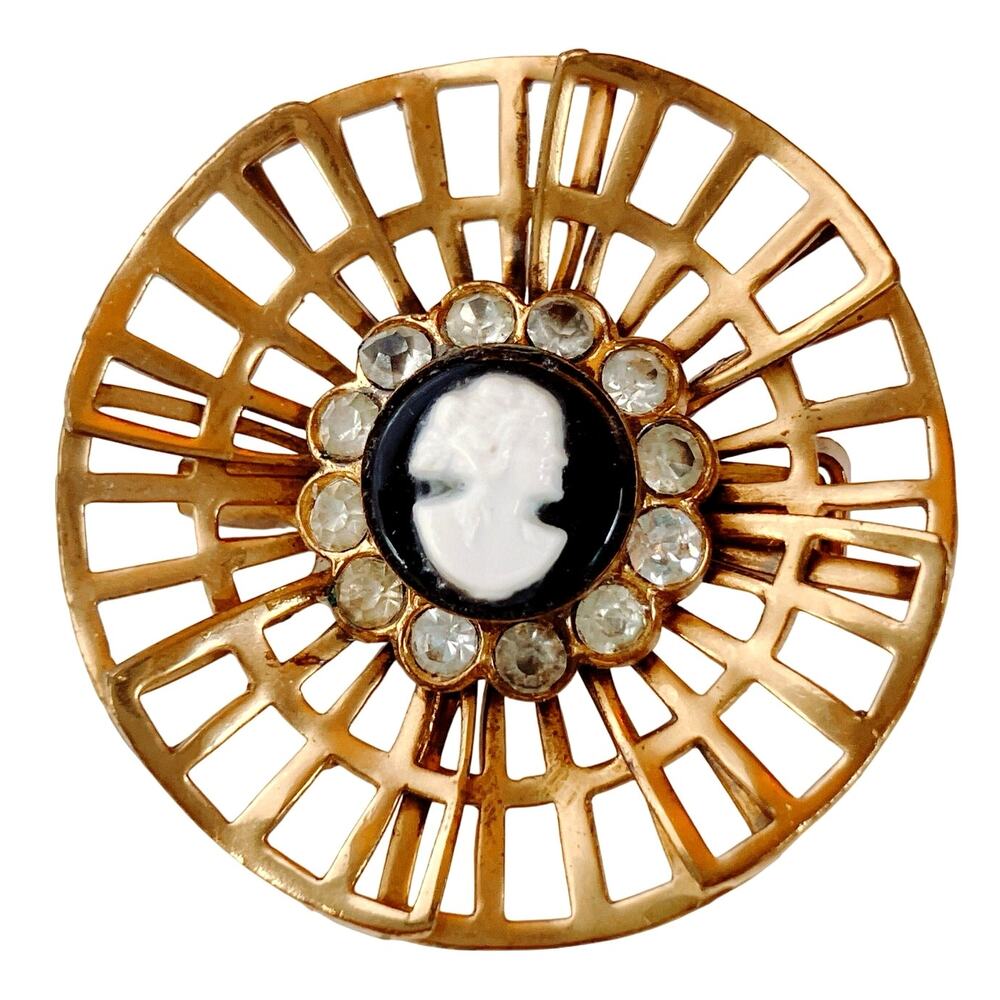 VTG Signed Coro Cameo Brooch Mid Century Gold Tone Openwork Rhinestone Pin 1950s